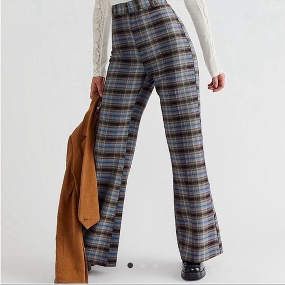 Free People Womens Sz 12 Black Blue High Waist Wide Leg Plaid Jules Pants NWT - Picture 2 of 11